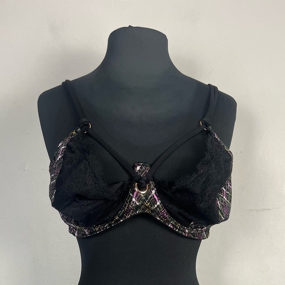 Savage X Fenty A Little Tart Unlined Bra purple black green plaid size 38H - Picture 2 of 6